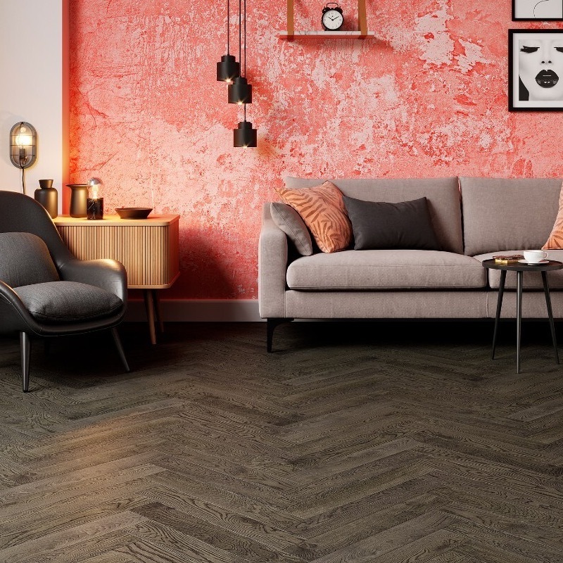 Паркетная доска Ёлка ESTA PARKET Дуб 14032 Herringbone Nordic S Lava Grey 600x100x14 мм